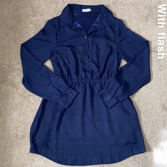 TOBI plain navy blue button up long sleeve dress with cinched waist, medium - Picture 2 of 15